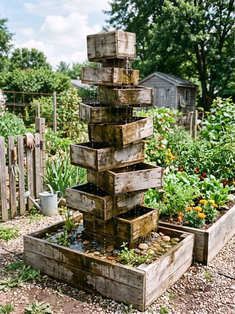 Rustic pallet wood asymmetrical tiered water fountain in a home vegetable garden