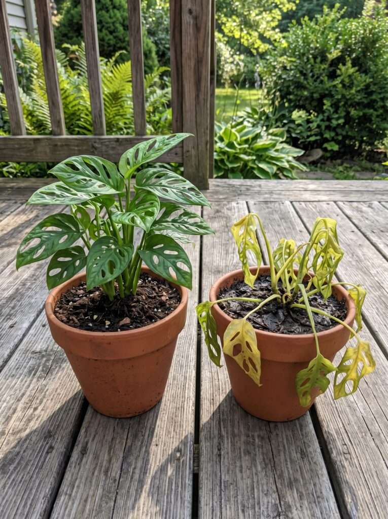 Side by side comparison of a healthy green plant and an overwatered plant with yellow leaves.