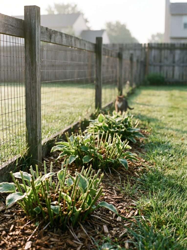 A slightly blurry, real-life photo of a suburban backyard fence line with heavily chewed hosta stems and scattered woodchips in the early morning light.