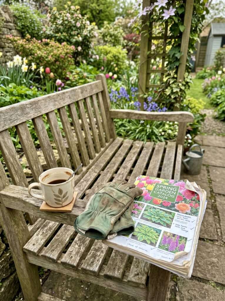 An authentic backyard garden bench with worn gloves and an open flower bulb catalog in soft morning light.