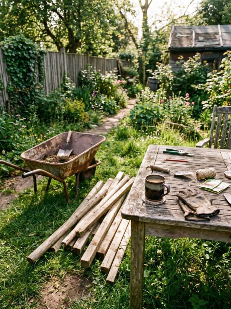 A real home backyard with DIY building materials scattered on the grass next to a worn wooden patio table.