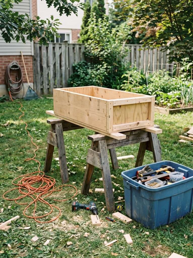 A DIY wooden frame under construction next to a black plastic liner tub in a typical backyard setting.