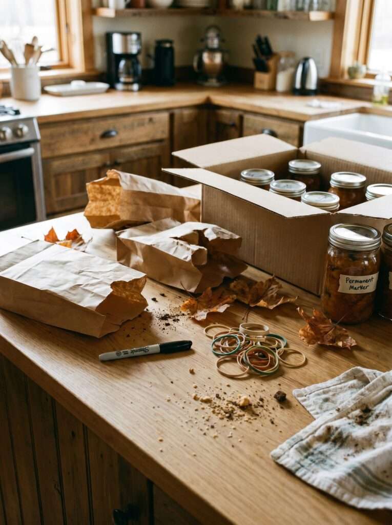 A messy kitchen counter with paper bags, rubber bands, and dried herb leaves scattered during processing.