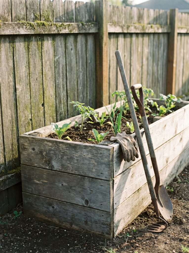 A small two by five foot wooden raised bed positioned against a weathered backyard fence in soft morning sunlight.