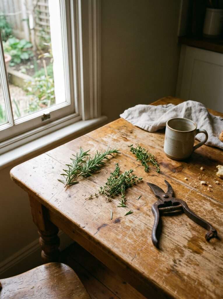 Freshly harvested rosemary and thyme sprigs sitting next to old garden shears on a rustic wooden table.