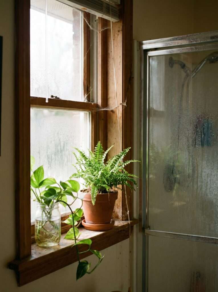 Tropical plants sitting on a bathroom windowsill enjoying shower steam.