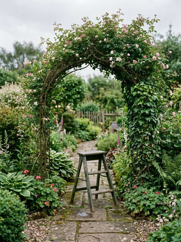 A folding step ladder sitting on a gravel path beneath a rustic wire garden structure.
