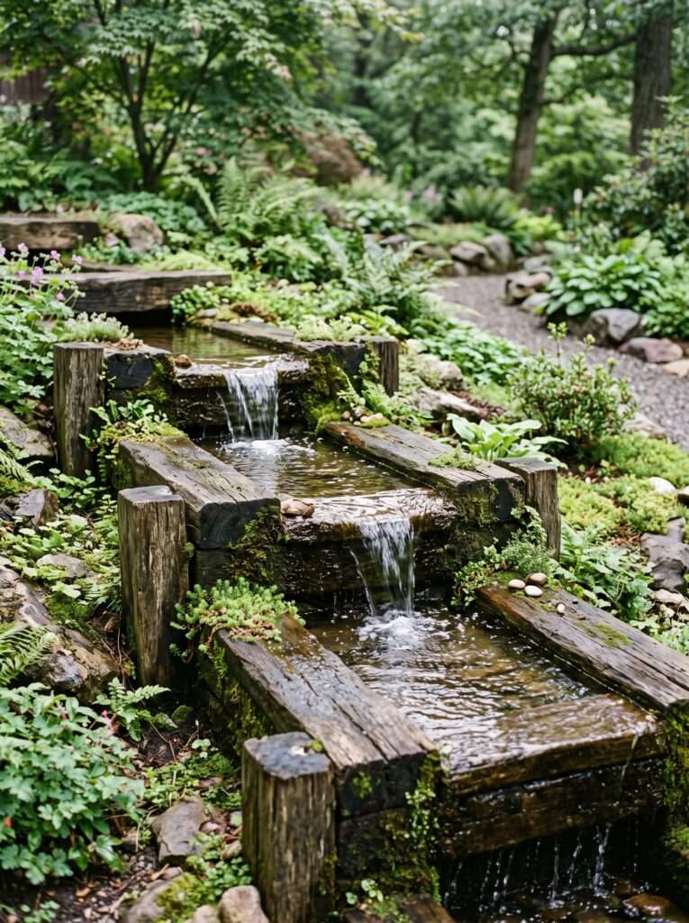 Two tier wooden water cascade spilling onto a bed of hidden reservoir river stones