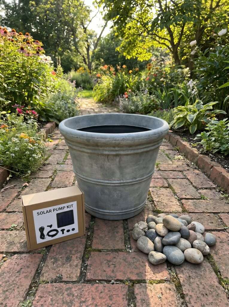 An empty gray resin planter placed on a brick patio path next to a solar fountain kit and river rocks.