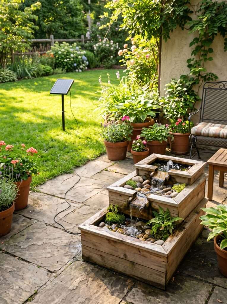 A small solar-powered patio pond fountain running in the afternoon sun with its panel staked nearby.