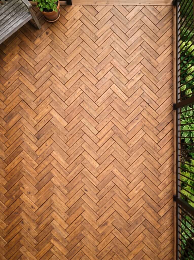 warm cedar deck boards installed in a beautiful geometric herringbone pattern