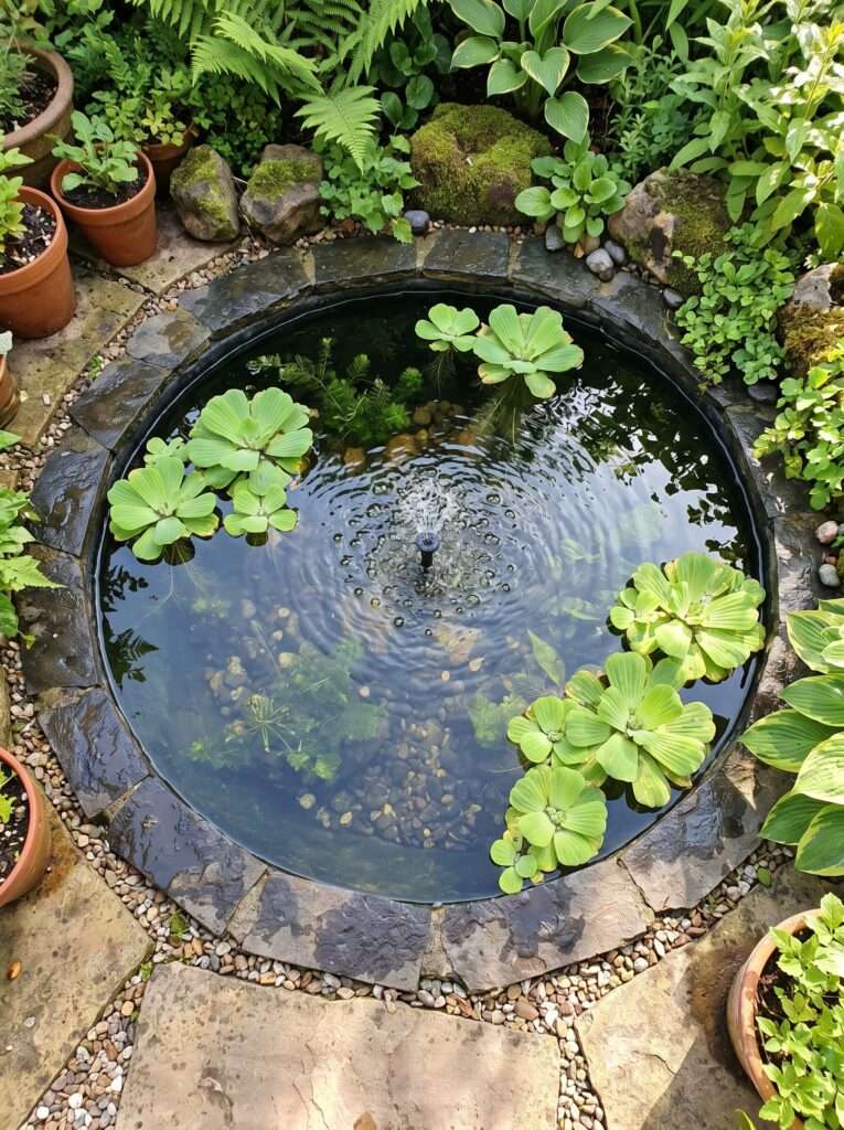 Floating aquatic water lettuce plants in a clear patio fountain basin.