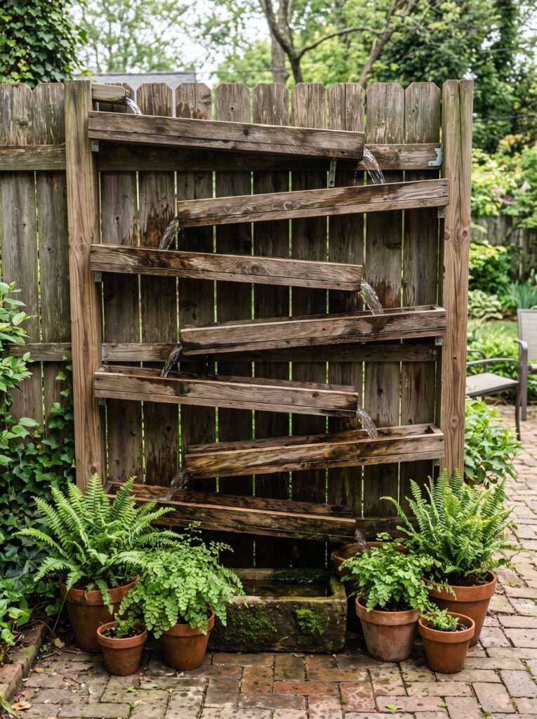 Zig zag scrap wood water feature built against a backyard fence on a brick patio