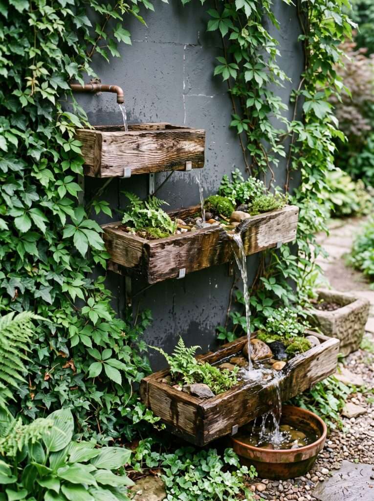 Vertical wall mounted scrap wood water troughs trickling down an outdoor wall