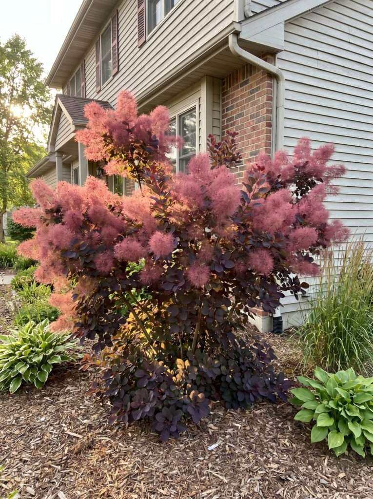 Deep purple smoke bush with pink puffy flowers near a house corner.