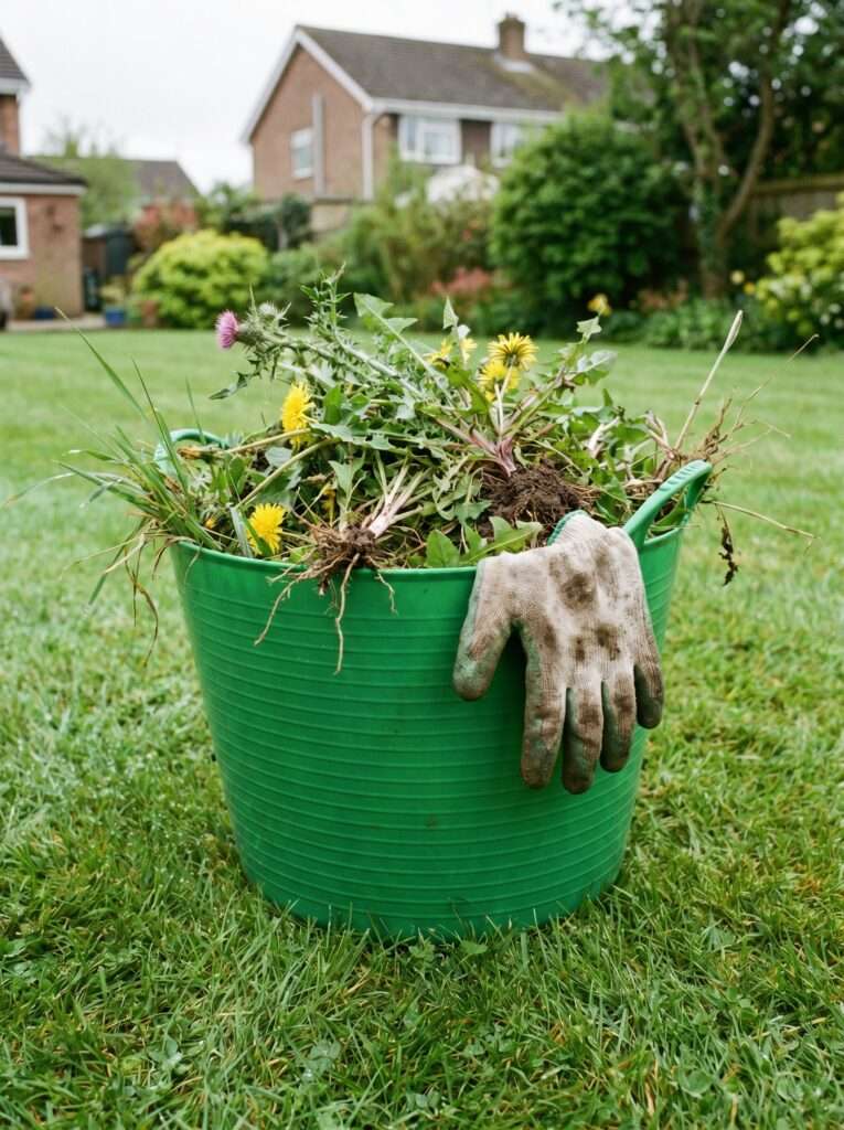 Flexible green rubber tub trug filled with garden weeds on a lawn