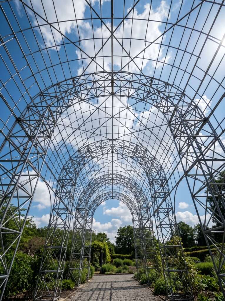Looking upward through a DIY wire cattle panel archway structure under a clear blue sky.