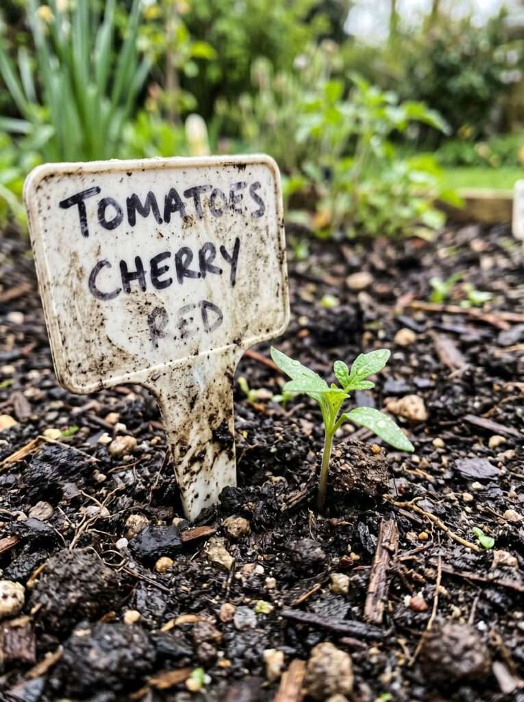 A simple plastic garden plant marker next to a newly emerging green flower shoot in the early spring ground.