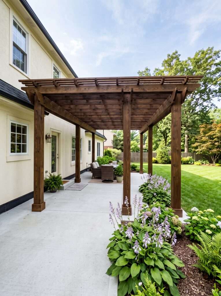 Freestanding wood pergola with double headers running close to a home's exterior wall.