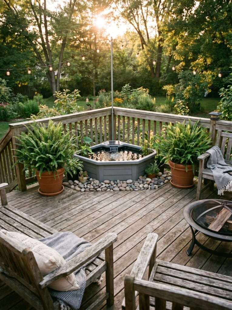 A finished DIY solar pond feature bubbling in the corner of a cozy backyard wooden deck.