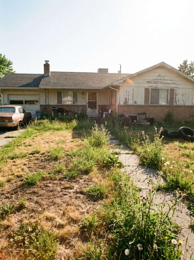Messy front yard with patchy grass and overgrown weeds before a budget makeover.