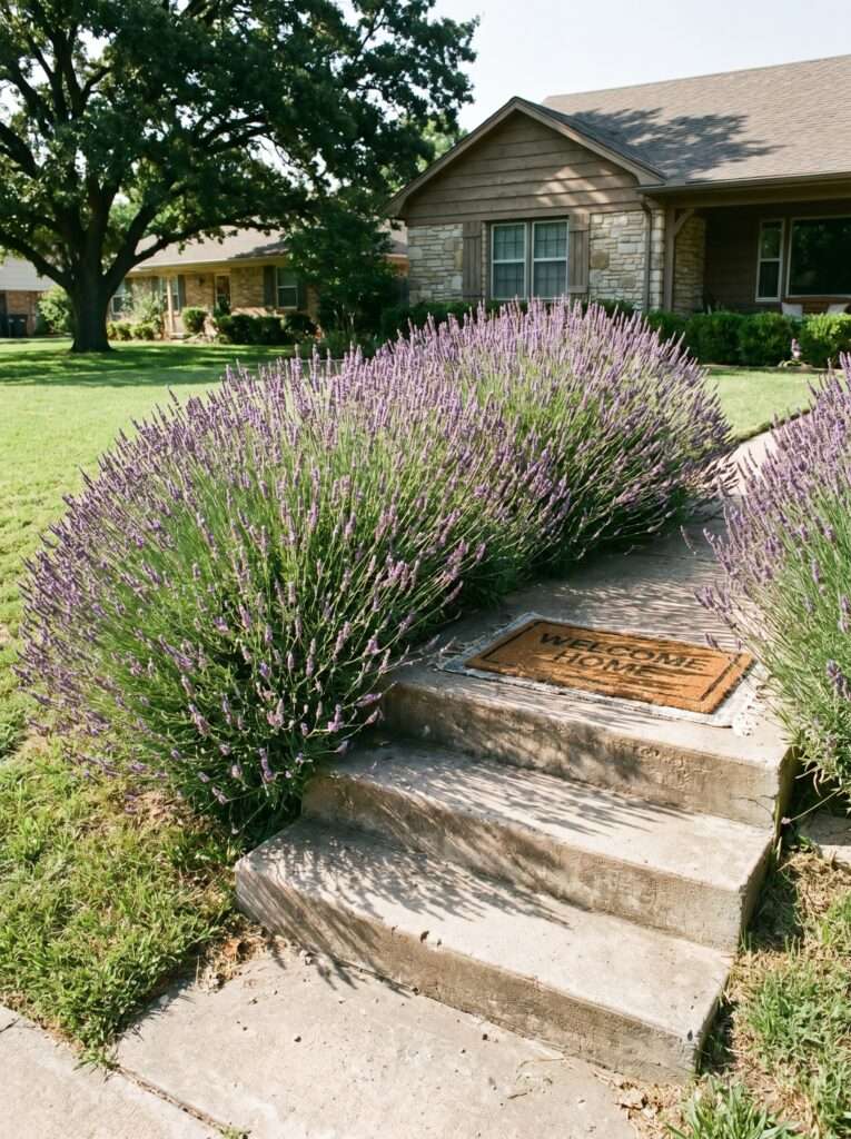 Rounded lavender bushes blooming along sunny concrete front porch steps.
