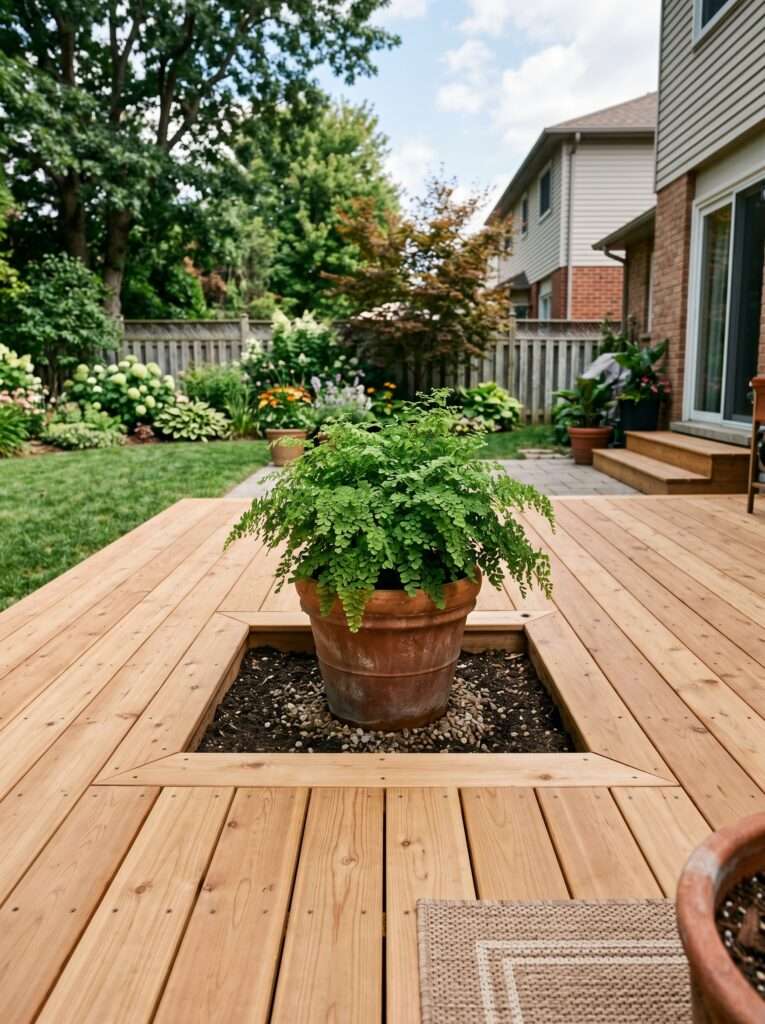 built in planter cutout inside a low profile wooden patio deck
