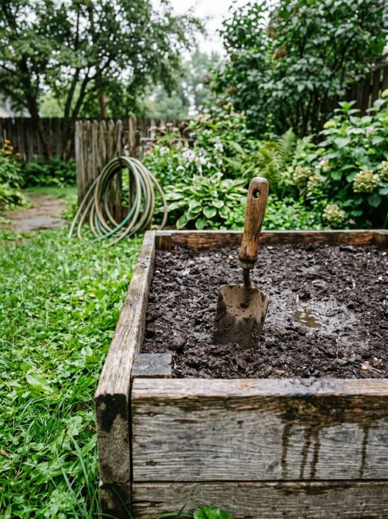 An outdoor raised garden bed showing dense soil conditions after heavy rainfall.