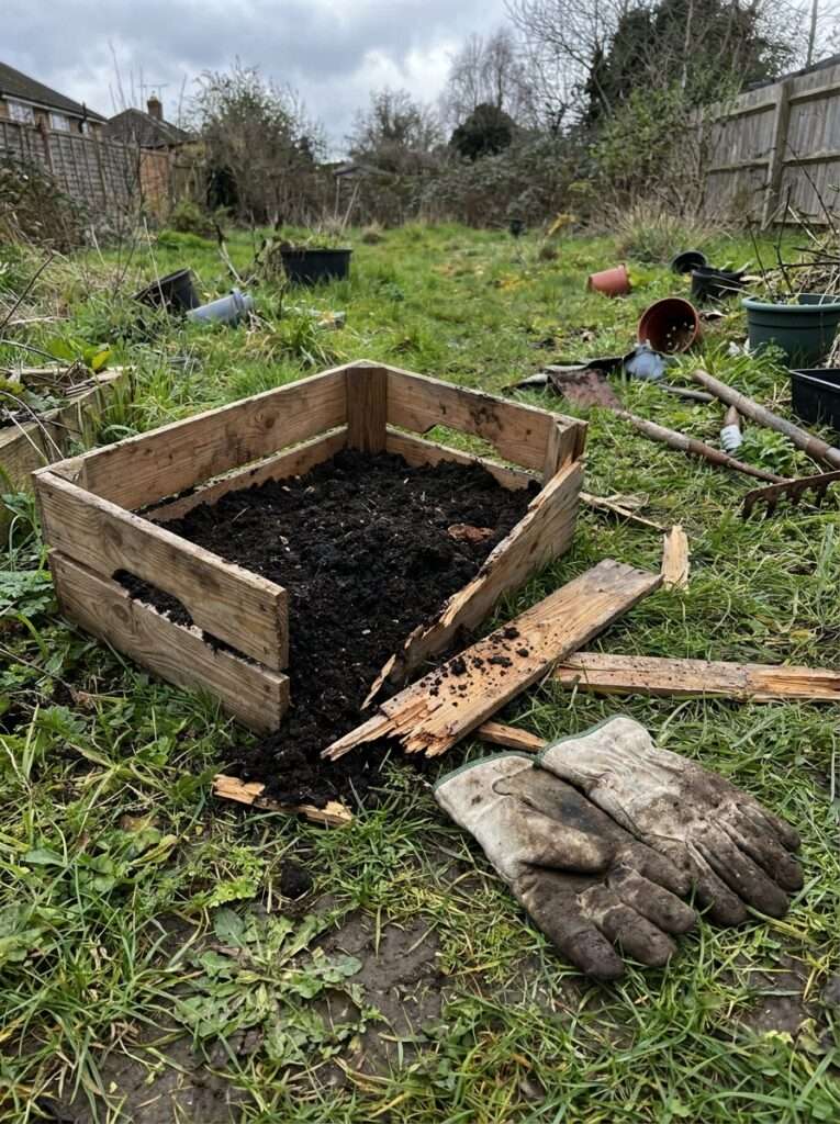 A split and broken DIY wooden planter box showing the failure of using weak nails instead of screws.