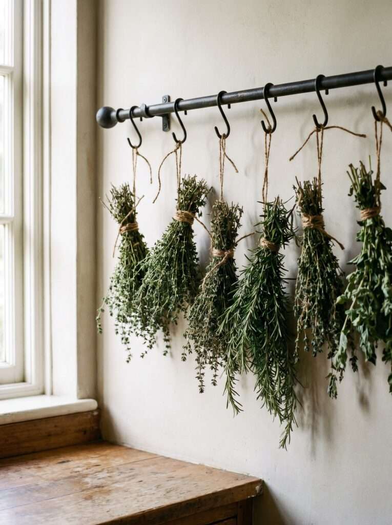Small bundles of thyme and rosemary hanging upside down to dry from a metal rod against a kitchen wall.