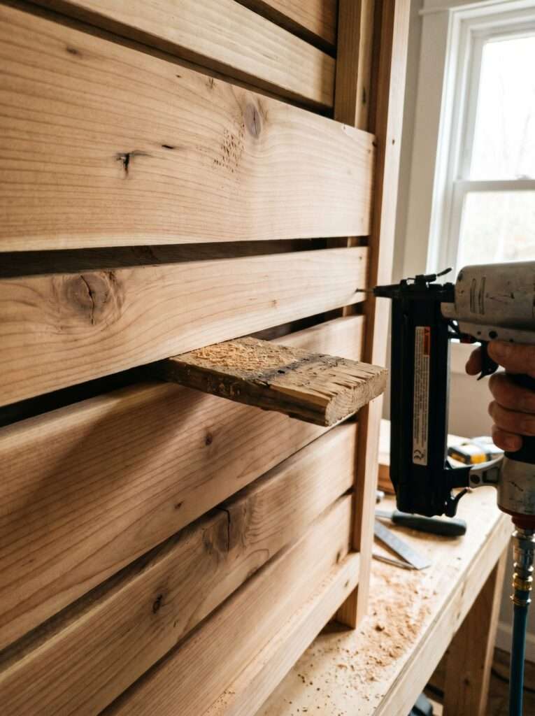 Using a wooden block spacer to get even gaps between horizontal slats on a DIY project.