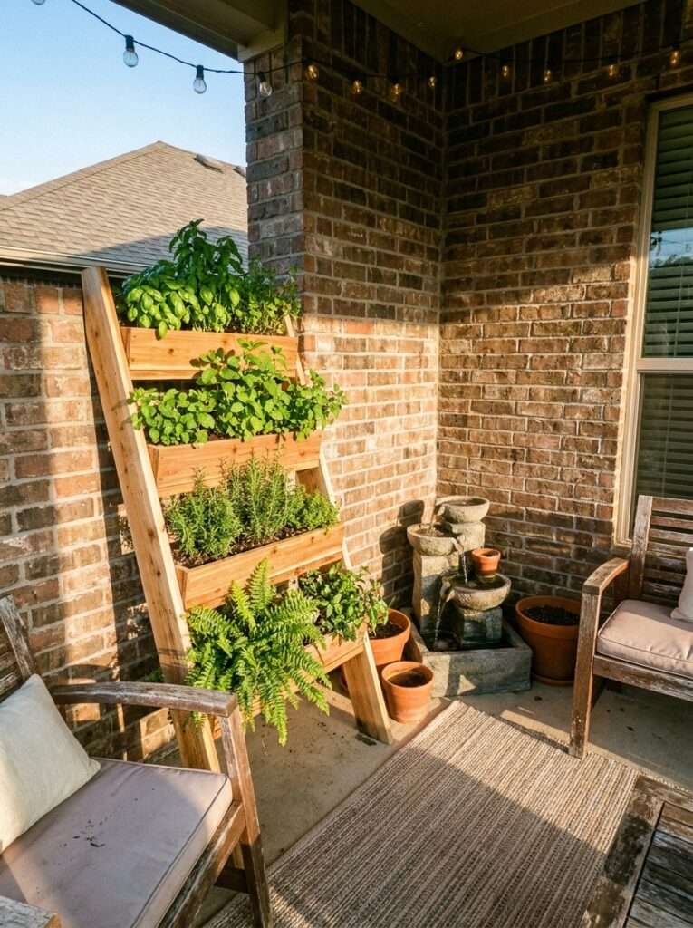 An integrated patio design featuring a wooden herb ladder planter and a small backyard water accent.