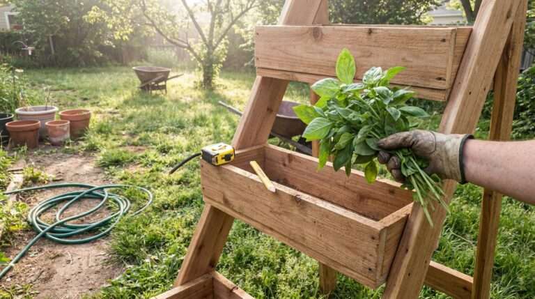DIY tiered herb planter ladder thumbnail showing fresh basil harvest and construction tools on cedar wood.