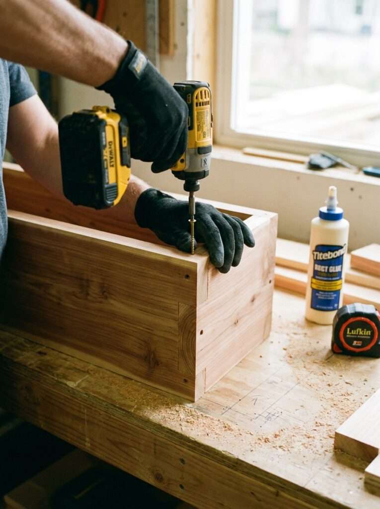 Pre drilling and screwing the corner joints of a handmade cedar herb planter box on a workbench.