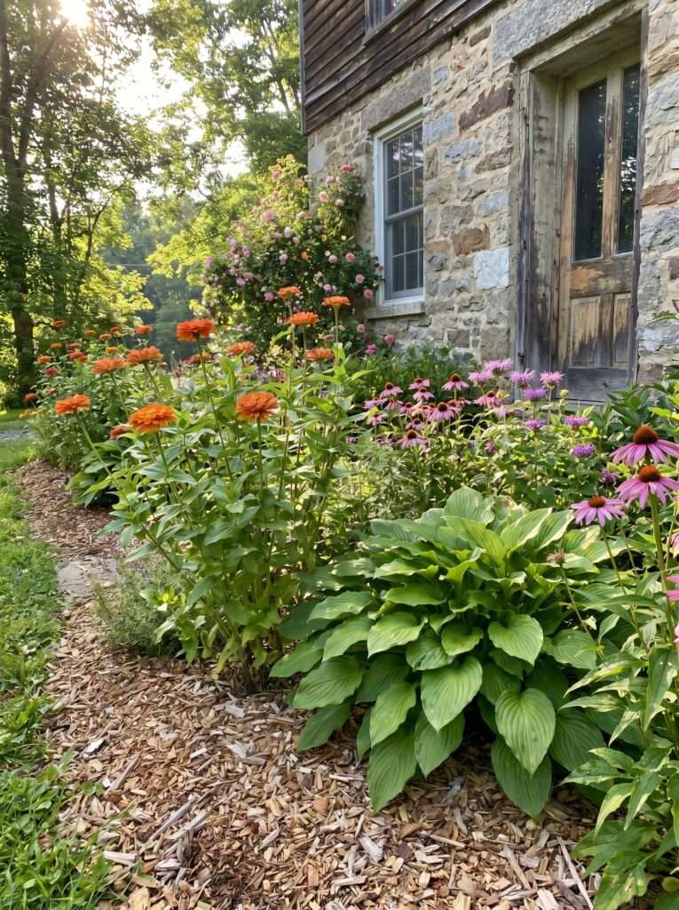 Growing garden bed with colorful zinnias and green hostas along a house.