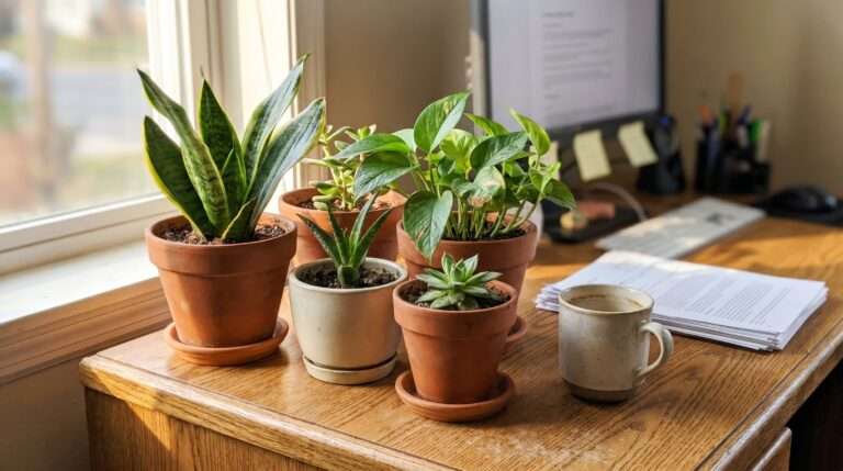 ealthy low-maintenance office desk plants in ceramic pots next to a coffee cup.
