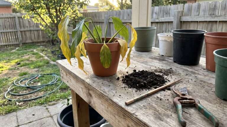 A wilting plant with yellow leaves sitting on a messy wooden gardening workbench with tools.