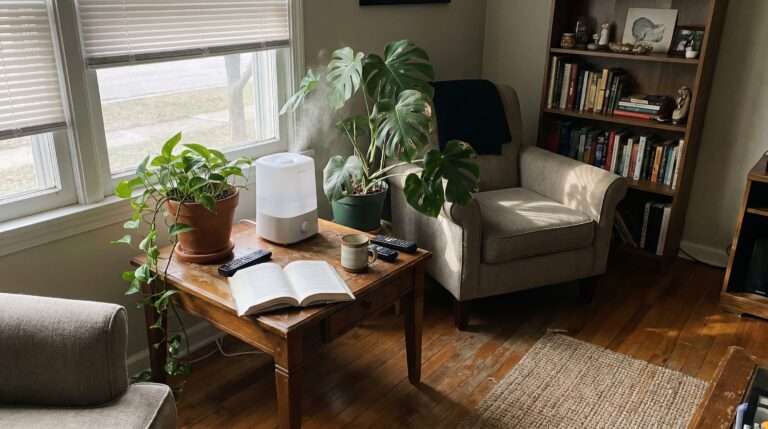 A white cool-mist humidifier releasing a gentle plume of vapor toward a large Monstera and a Pothos plant in a sunlit living room corner.