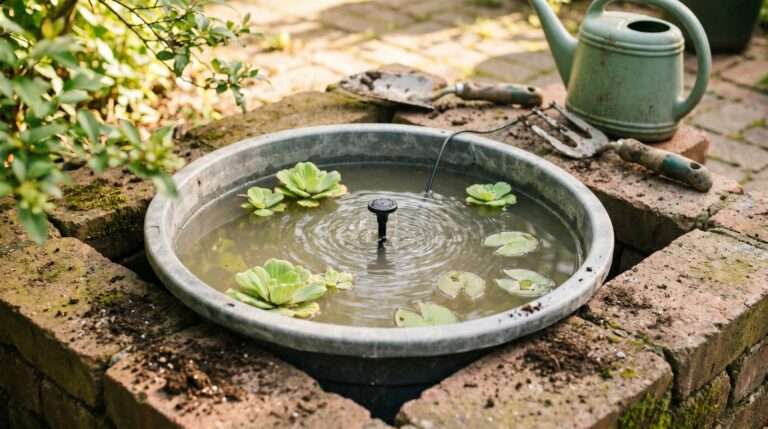 A realistic backyard DIY solar container pond bubbling on a brick patio with floating green aquatic plants under natural morning light.