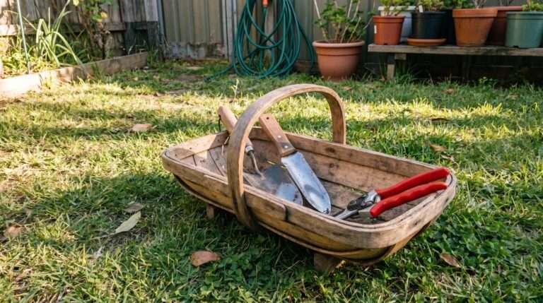 High-quality stainless steel gardening tools arranged inside a wooden trug on a sunny backyard lawn