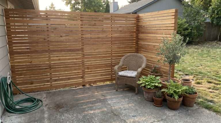 A finished DIY modern boho cedar slatted privacy screen on a suburban concrete patio, with a comfortable chair and potted plants in soft evening light.
