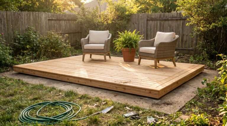 completed low profile wooden cedar deck covering an old concrete backyard patio