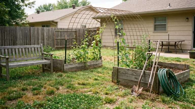 A real backyard garden featuring a homemade wire cattle panel archway with young vines climbing up the sides on a calm afternoon.
