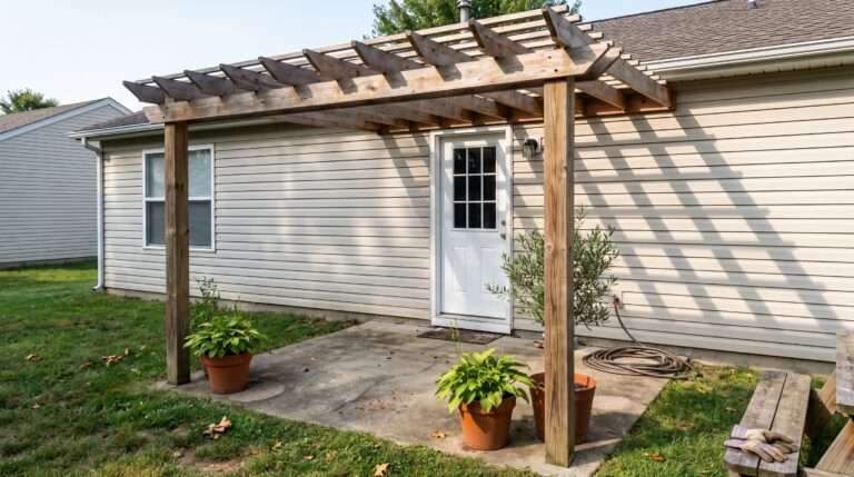Cedar attached pergola frame casting geometric shadows above a white back door patio entry