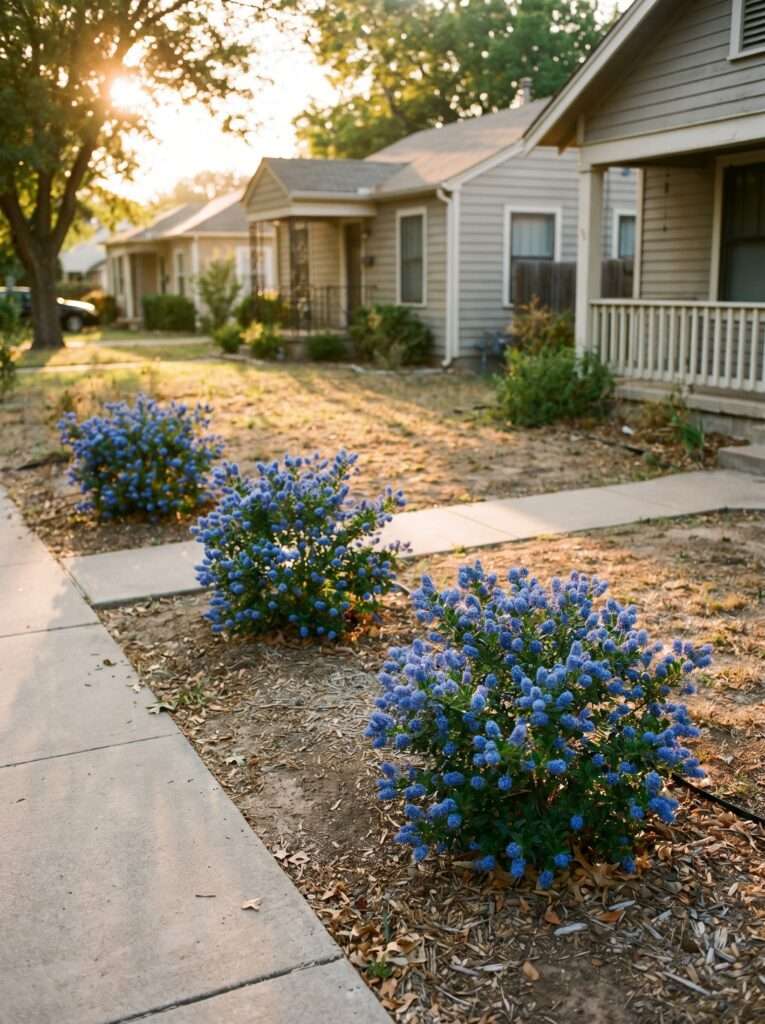 Bluebeard shrubs with vibrant blue flowers lining a concrete front walkway.