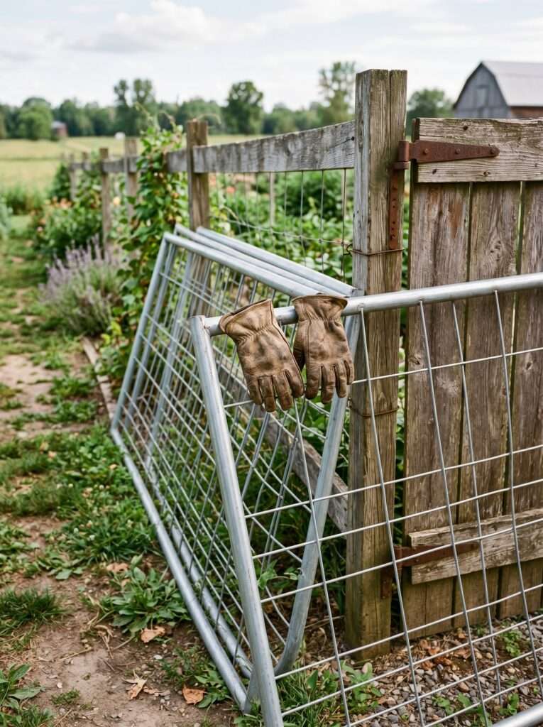 Galvanized steel cattle panels leaning against a weathered wooden fence in a real suburban backyard.