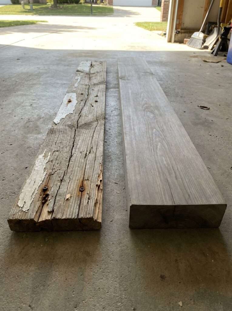 Side by side comparison of rotted pine lumber versus durable cedar wood used for building outdoor herb planters.