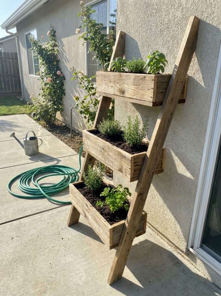 Completed three tier cedar herb ladder planter standing against a suburban patio wall in the morning light.
