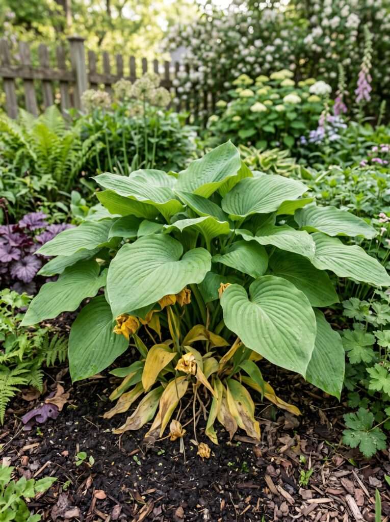 Emerging hosta leaves naturally covering up dying spring tulip foliage in a shaded garden bed.