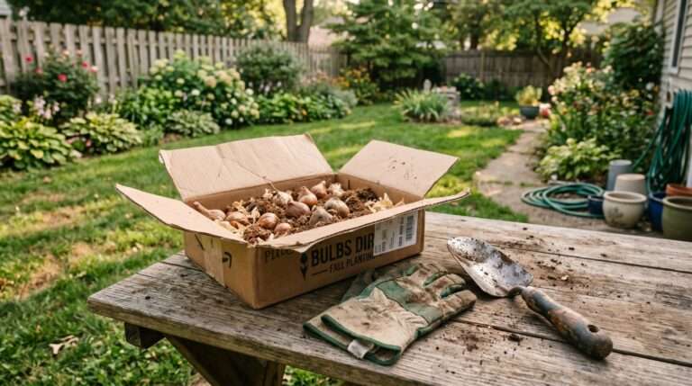 A close-up, authentic shot of a cardboard shipping box filled with flower bulbs in brown peat moss, sitting next to muddy canvas gloves and a worn wooden-handled trowel on a backyard table in warm afternoon sunlight.